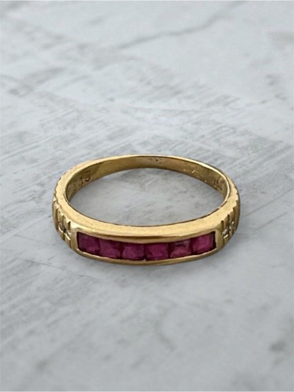 14k Gold Ruby Channel-Set Stackable Ring with diamond accents size 4.5
